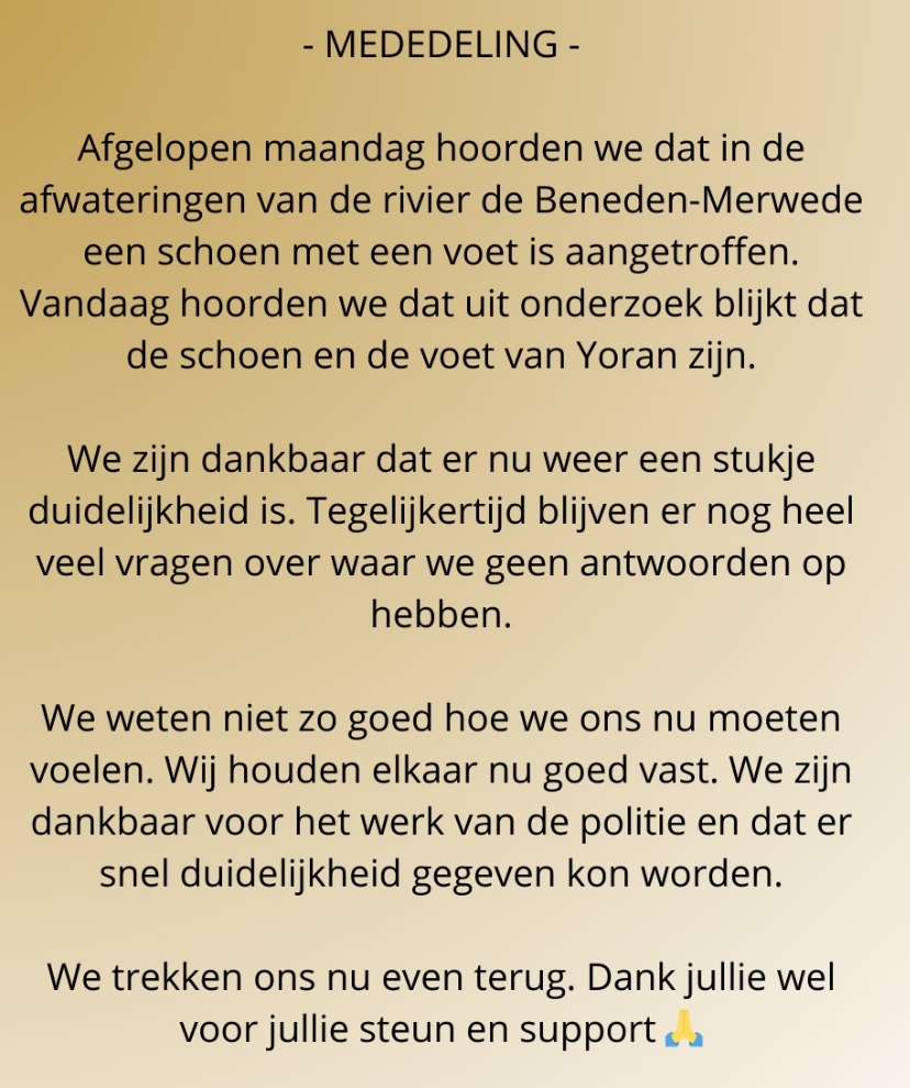Schoen met voet gevonden van verdwenen Yoran
